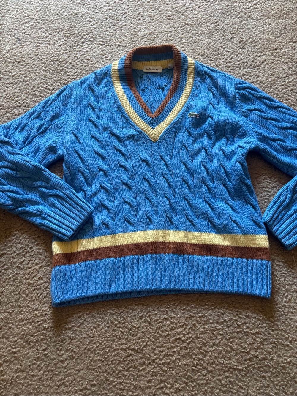 Lacoste Cable Knit V-Neck Tennis Pullover Size 40 Wool Blend Striped Blue Yellow